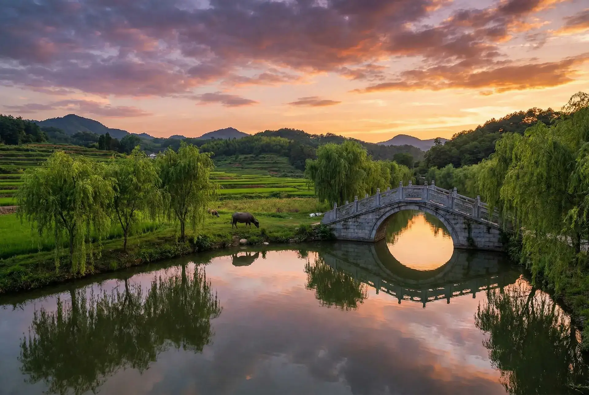 夕阳下的石拱桥与垂柳，水牛在河边吃草 - 爱城亚洲bt 乡村美景